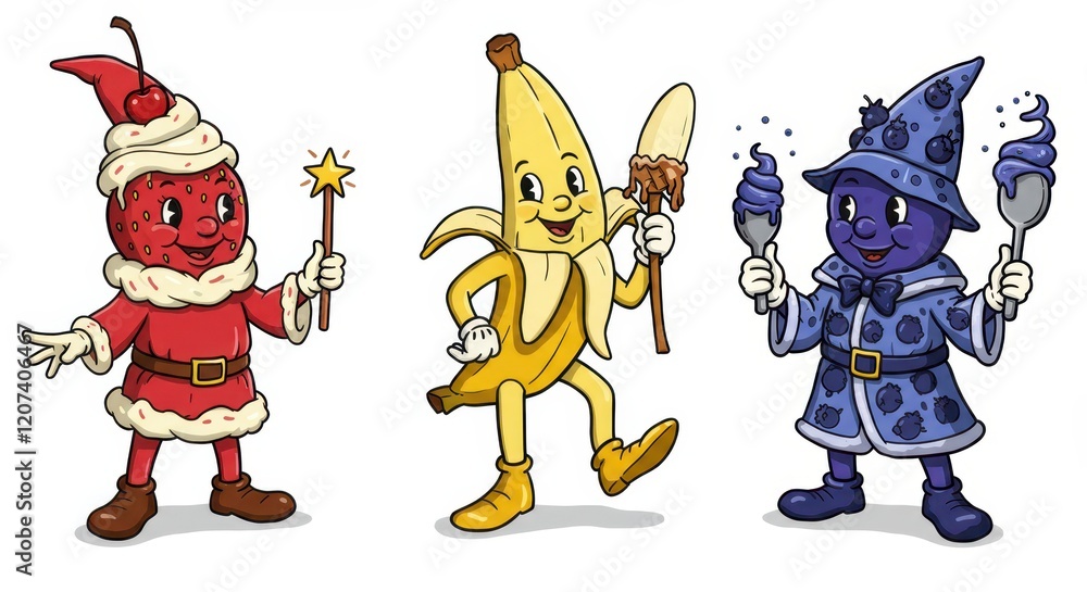 Fototapeta premium Fruit characters in costume: strawberry santa, banana, and blueberry wizard trio