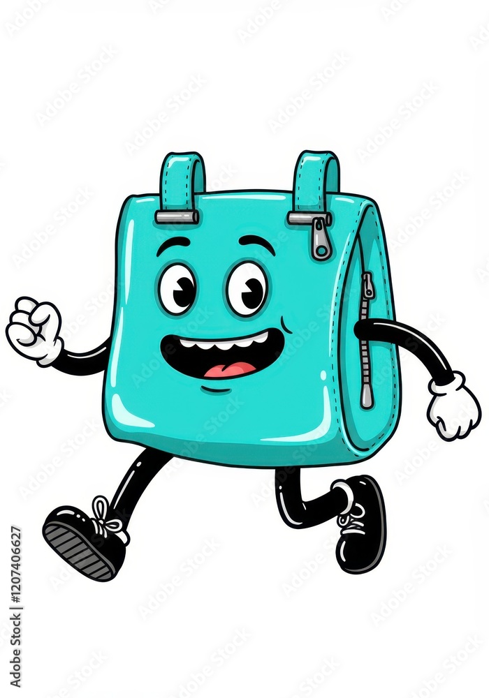 Cheerful turquoise backpack character running with joyful expression Cheerful turquoise backpack character running with joyful expression