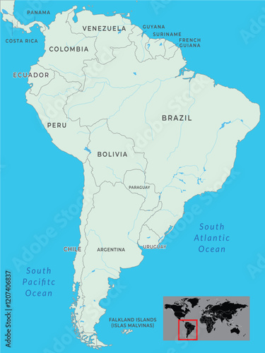South America political map with international borders and capitals, Pacific and Atlantic Ocean
