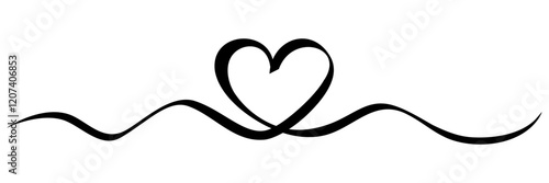 Hand drawn doodle heart continuous one line drawing, black and white heart clipart, love heart, 
calligraphic heart shape, ribbon, symbol, text divider, 
isolated on white background