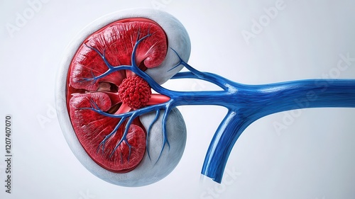 Anatomical rendering of a kidney with a cancerous growth, highlighted in dark red and surrounded by vascular structures