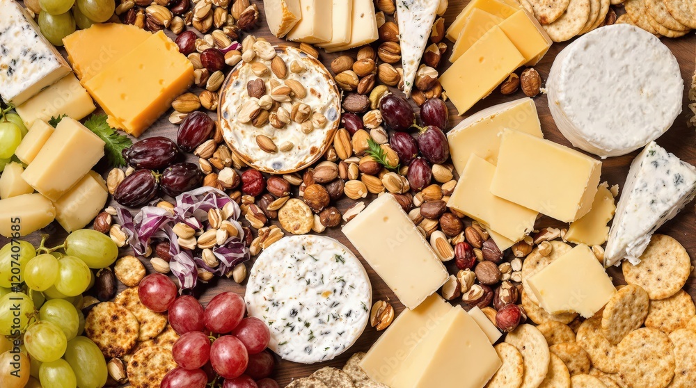 Gourmet cheese board with crackers, nuts, and grapes. Perfect appetizer for parties or romantic dinners Gourmet cheese board with crackers, nuts, and grapes. Perfect appetizer for parties or romantic dinners