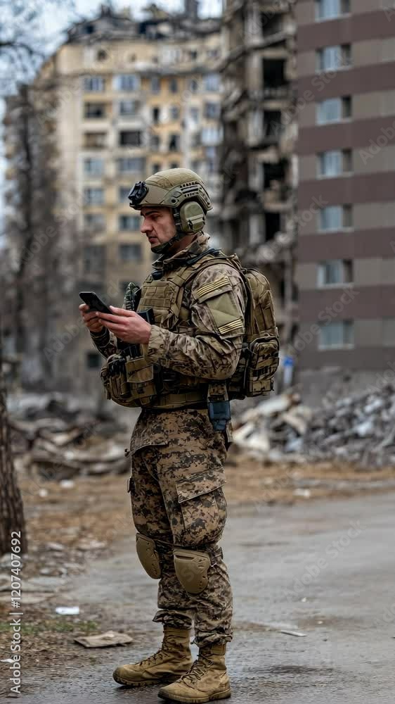 A soldier in camouflage gear stands among rubble, using a phone to communicate during a military operation in a war-torn city A soldier in camouflage gear stands among rubble, using a phone to communicate during a military operation in a war-torn city