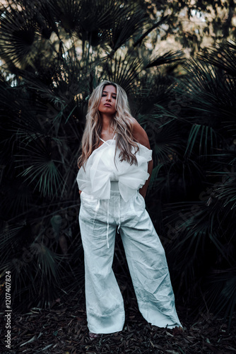Obraz na płótnie Chica rubia joven posando frente a cámara en jardin urbano w salonie