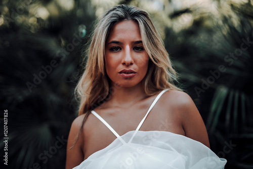 Obraz na płótnie Chica rubia joven posando frente a cámara en jardin urbano w salonie