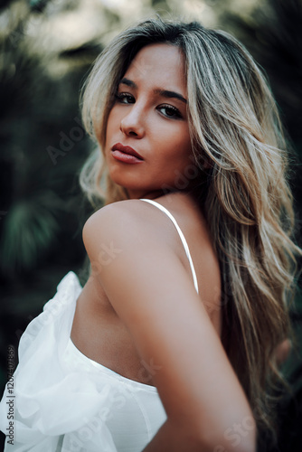Obraz na płótnie Chica rubia joven posando frente a cámara en jardin urbano w salonie