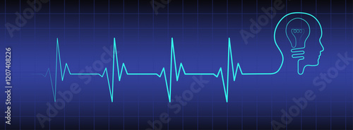 Editable blue ekg monitor, cardio diagnosis, man head profile vector art. Heart rhythm line vector design to use for healthcare, healthy lifestyle, medicine, ekg, ecg concept illustration projects. 