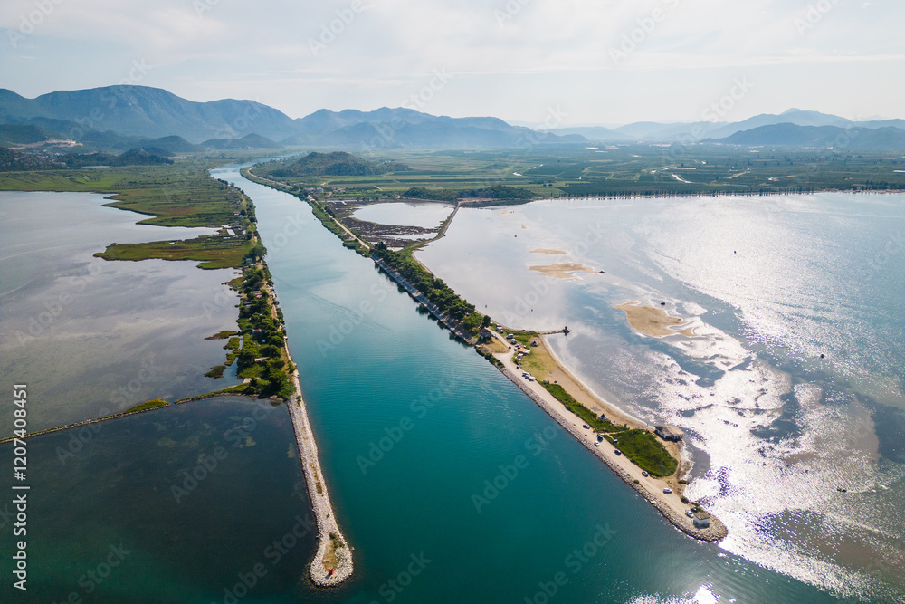 Naklejka premium Aerial view of the Neretva river delta valley near Ploce, Dalmatia, Croatia.
