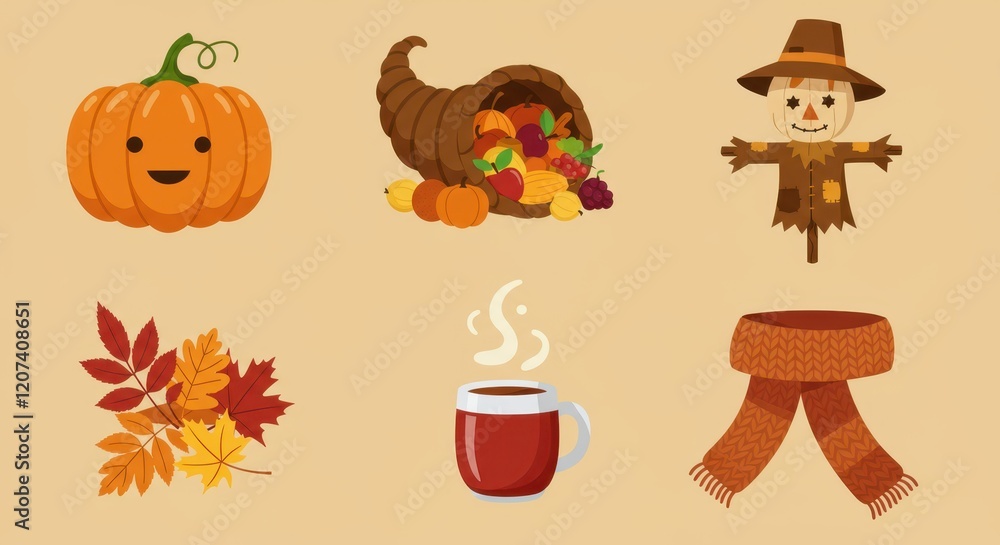 Obraz premium Autumn cozy collection: pumpkin, cornucopia, scarecrow, leaves, coffee, scarf symbols