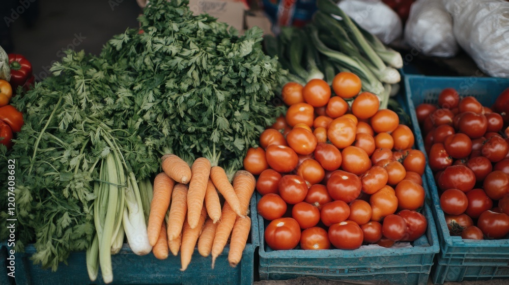 A vibrant assortment of fresh vegetables arranged in colorful piles at a market, including tomatoes, carrots, bell peppers, and leafy greens, creating a lively and inviting display.