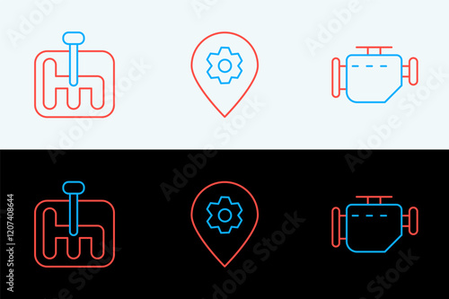 Set line Check engine, Gear shifter and Location with car service icon. Vector