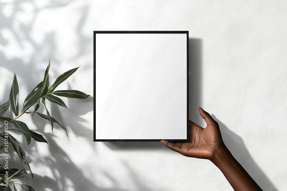 Naklejka premium Hand holding blank white square frame with plant shadows