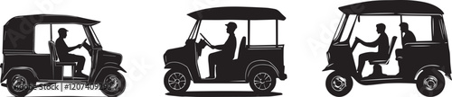 Silhouette of a tuk-tuk auto rickshaw passenger sitting inside vector silhouette
