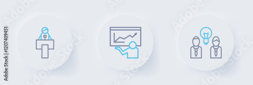 Set line People with lamp bulb, Training, presentation and Stage stand or tribune icon. Vector