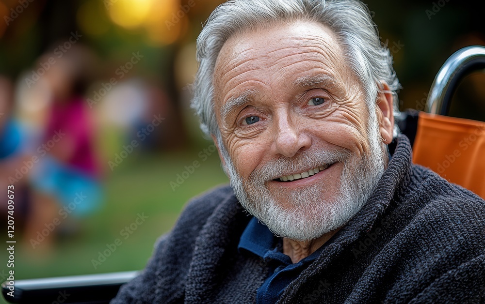 Man with a white beard and gray hair is smiling and sitting in a chair. He is wearing a black jacket and a blue shirt Man with a white beard and gray hair is smiling and sitting in a chair. He is wearing a black jacket and a blue shirt