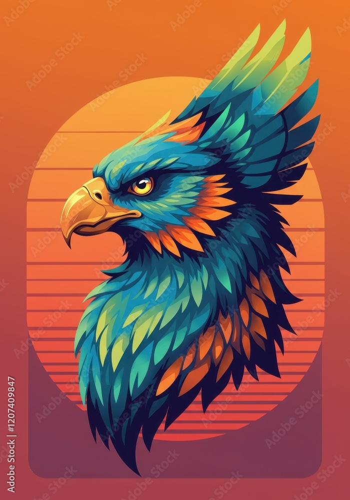 Obraz premium Vibrant eagle artwork with colorful feathers against a modern sunset background