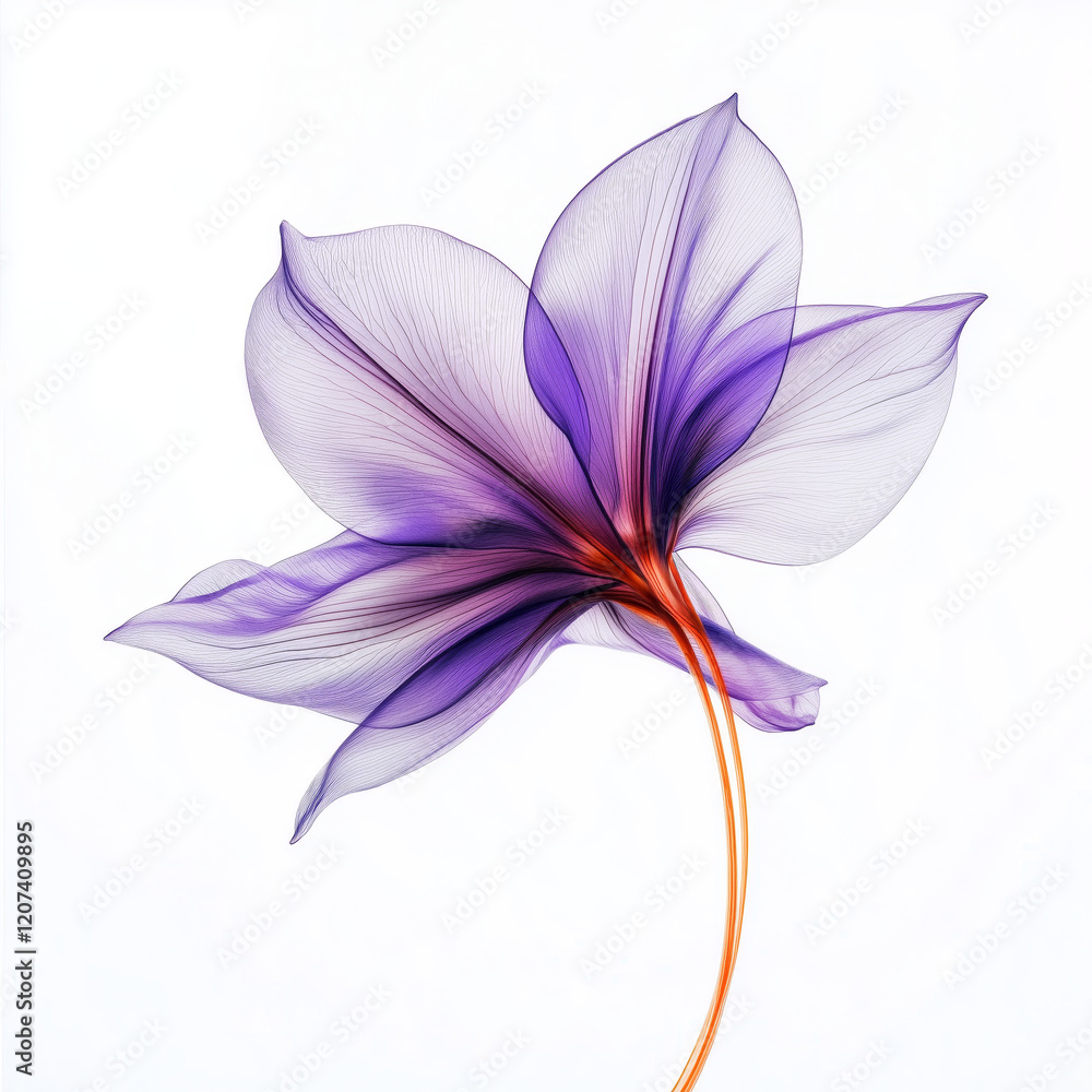 Fototapeta premium A delicate, minimalistic purple flower with subtle orange details on a white background. Elegant botanical artwork with fine lines and soft color transitions.