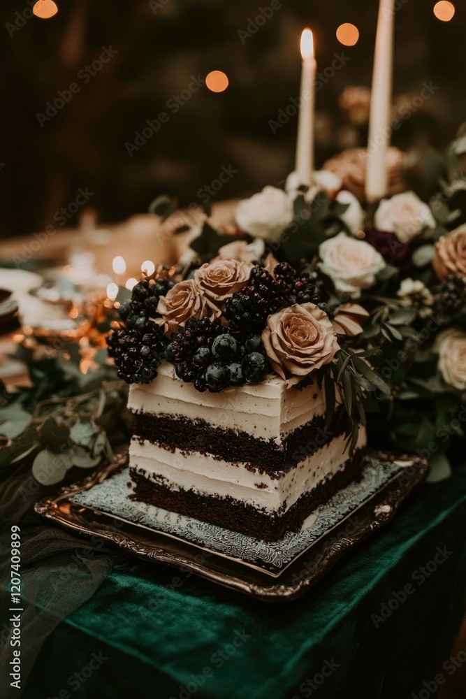 Delicious Three Layered Chocolate Cake With Roses And Berries Delicious Three Layered Chocolate Cake With Roses And Berries
