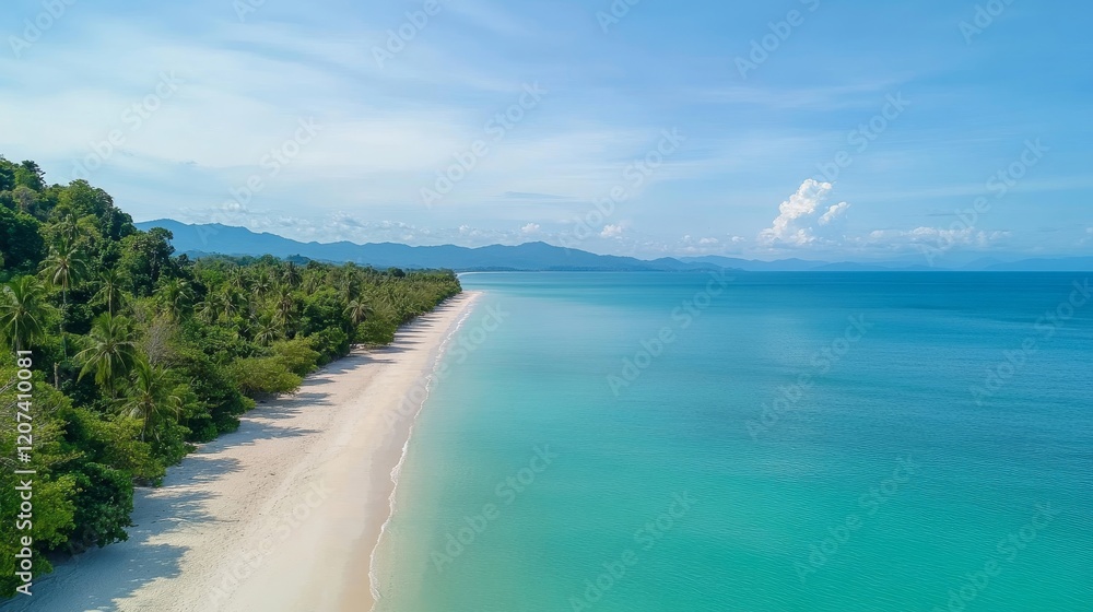 Serene Aerial View of Tropical Beach with Turquoise Waters, Lush Green Trees, and Soft White Sand under Clear Blue Sky in a Peaceful Coastal Landscape Serene Aerial View of Tropical Beach with Turquoise Waters, Lush Green Trees, and Soft White Sand under Clear Blue Sky in a Peaceful Coastal Landscape