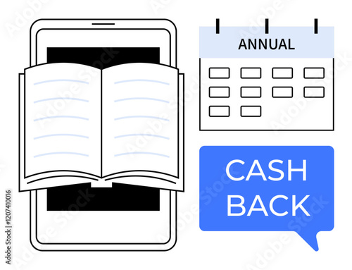 Open book on a tablet, annual calendar, cashback chat bubble. Ideal for online education, finance management, e-commerce, budget planning, scheduling rewards digital tools. Abstract line flat