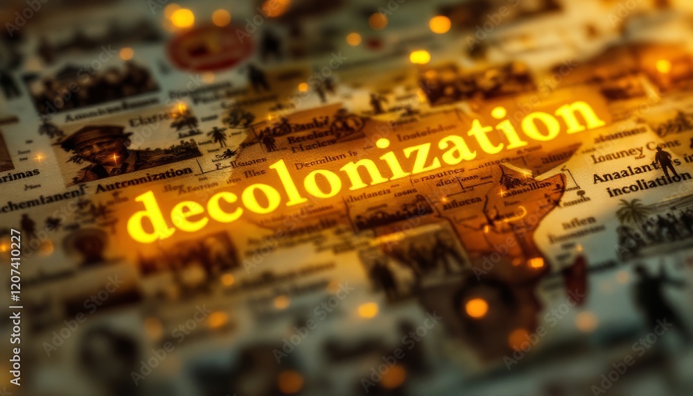 Obraz premium Decolonization concept image with a vintage map and historical events depicted, focus on decolonization