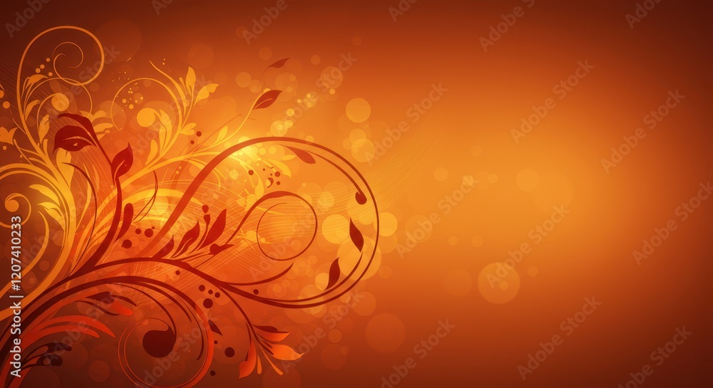 Elegant floral abstract design on vibrant orange background with swirling patterns Elegant floral abstract design on vibrant orange background with swirling patterns