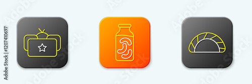 Set line Ushanka, Pickled cucumbers in jar and Dumpling icon. Vector