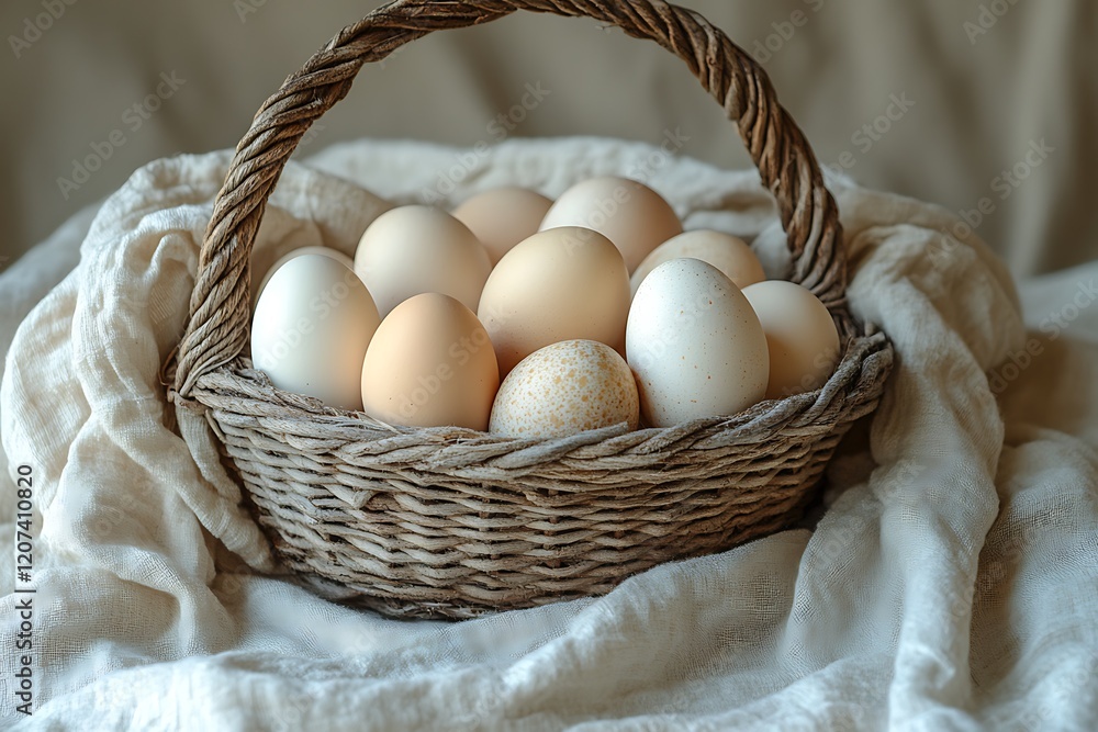 A wicker basket filled with fresh brown and white eggs on a linen cloth. A wicker basket filled with fresh brown and white eggs on a linen cloth.