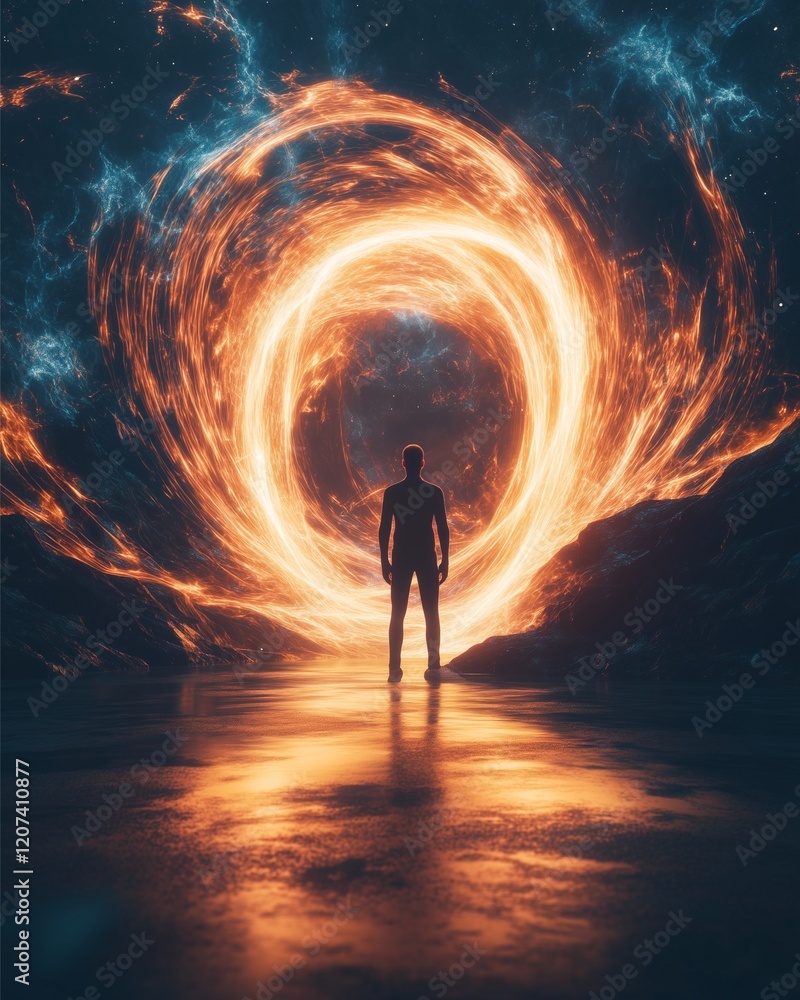 A human silhouette standing in front of giant open doorway made of swirling light and abstract shapes cosmic landscapes and creative ideas spilling out A human silhouette standing in front of giant open doorway made of swirling light and abstract shapes cosmic landscapes and creative ideas spilling out
