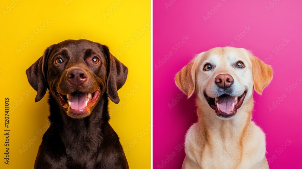 Two dogs are smiling and looking at the camera. One is brown and the other is yellow. The yellow dog is on the right and the brown dog is on the left Two dogs are smiling and looking at the camera. One is brown and the other is yellow. The yellow dog is on the right and the brown dog is on the left