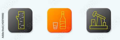 Set line Birch tree, Bottle of vodka with glass and Oil pump or pump jack icon. Vector