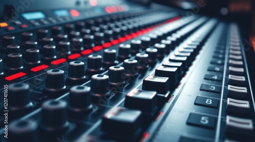 mixing console's surface The image focuses on the detail of the knobs, faders, and buttons, highlighting their metallic texture and subtle lighting background