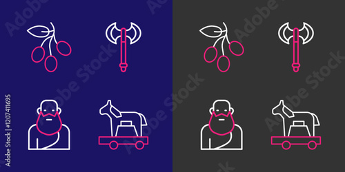Set line Trojan horse, Socrates, Medieval axe and Olives branch icon. Vector