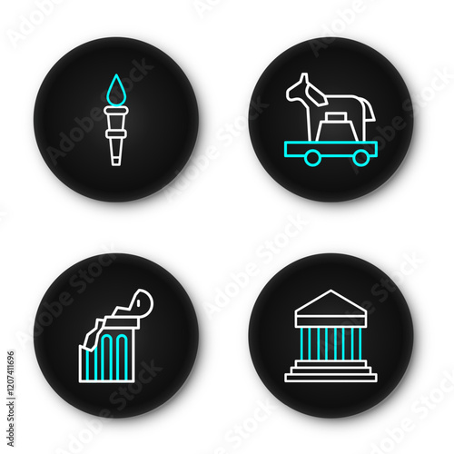 Set line Parthenon, Broken ancient column, Trojan horse and Torch flame icon. Vector