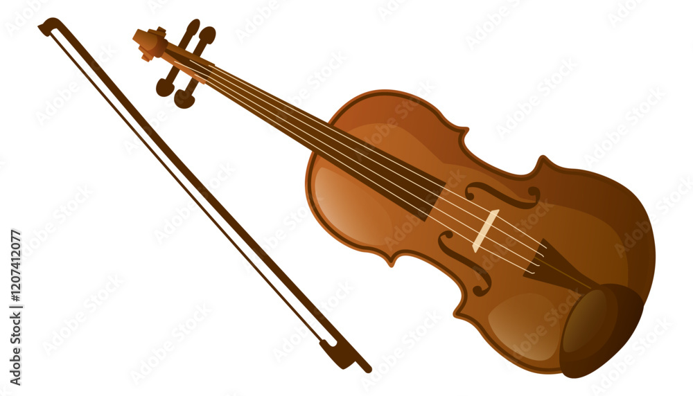 Wooden violin with bow on white background. Classical musical instrument with strings. Antique violin for orchestra at classical music concert. Bowed instrument. Wooden violin with bow on white background. Classical musical instrument with strings. Antique violin for orchestra at classical music concert. Bowed instrument.