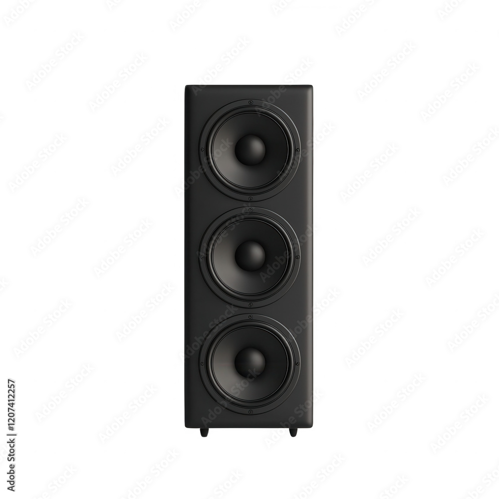 Fototapeta premium High-quality black speaker with three powerful woofers for enhanced audio experience., isolated on a transparent background.