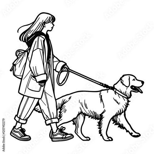 Young Woman Walking a Golden Retriever on a Leash Sketch