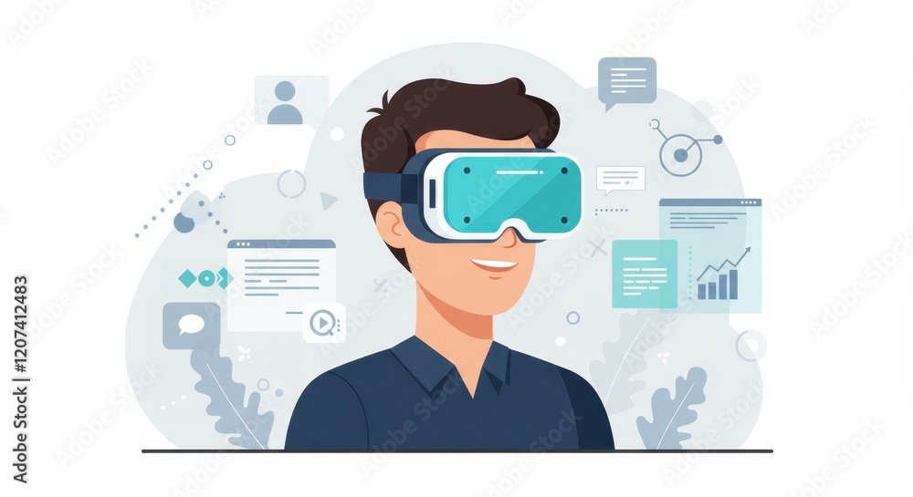 Man wearing vr headset in digital environment with data visualizations and technology icons Man wearing vr headset in digital environment with data visualizations and technology icons