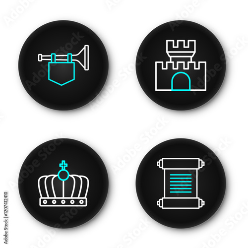 Set line Decree, parchment, scroll, King crown, Castle, fortress and Trumpet with flag icon. Vector