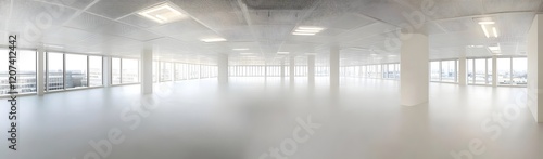 A spacious, empty office interior with large windows and a bright atmosphere.