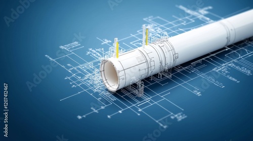 Detailed Blueprint Design of a White Pipe on a Blue Background, Featuring Technical Drawings, Dimensions, and Precision Measurements for Engineering and Construction Applications