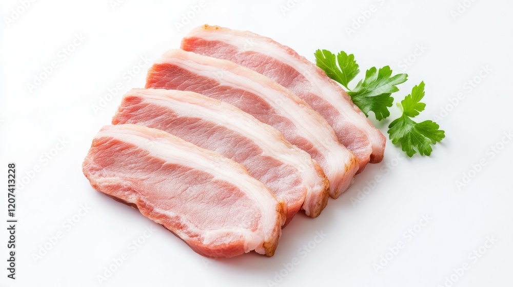 Slices of raw meat arranged with a sprig of parsley on a white background. Slices of raw meat arranged with a sprig of parsley on a white background.