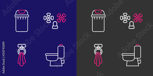 Set line Toilet bowl, Towel on a hanger, Water tap and Trash can icon. Vector