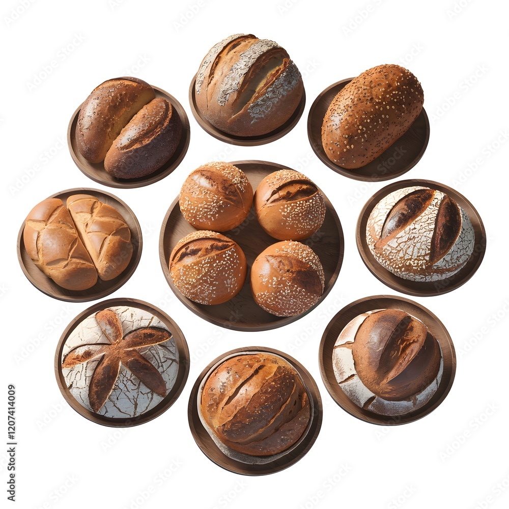 Assorted Breads with Different Crust Patterns and Sizes on Round Plates. Assorted Breads with Different Crust Patterns and Sizes on Round Plates.
