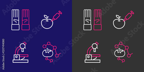 Set line Genetically modified food, Microscope, apple and Medical rubber gloves icon. Vector