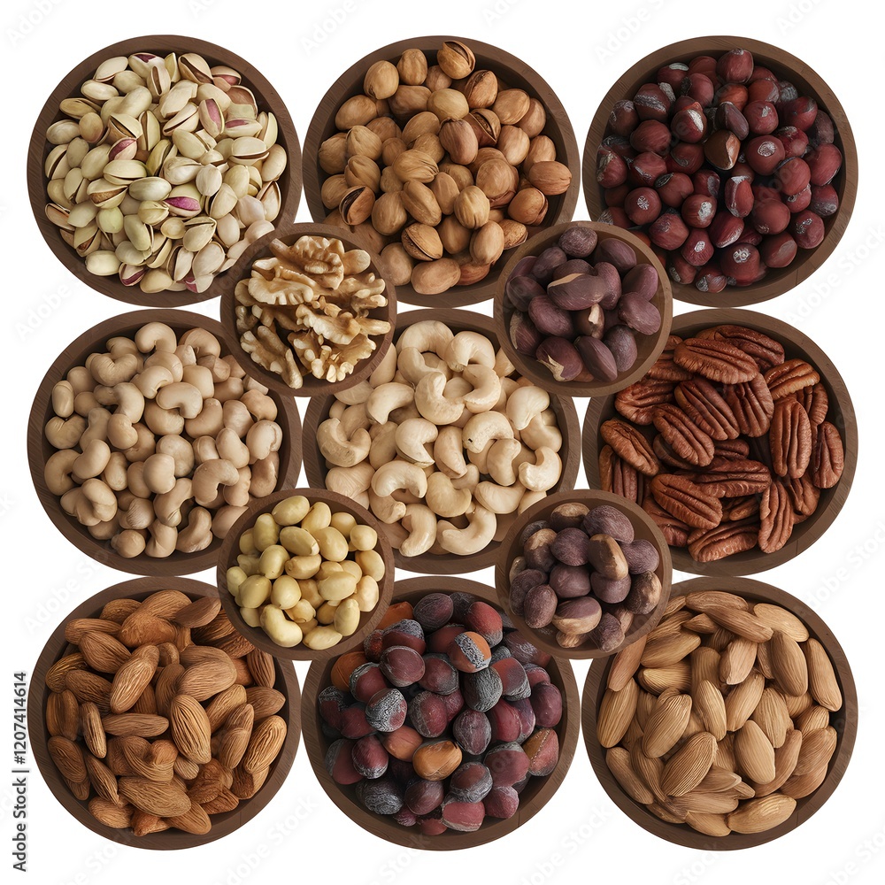 Assortment of Nuts in Wooden Bowls: Pistachios, Peanuts, Cashews, Pecans, and Almonds. Assortment of Nuts in Wooden Bowls: Pistachios, Peanuts, Cashews, Pecans, and Almonds.
