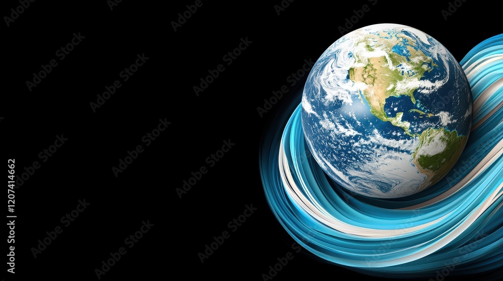 Abstract Representation of Earth in Blue Tones with Dynamic Swirls on Black Background Abstract Representation of Earth in Blue Tones with Dynamic Swirls on Black Background