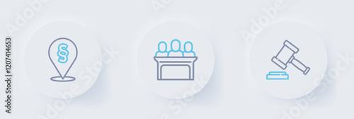 Set line Judge gavel, Jurors and Location law icon. Vector
