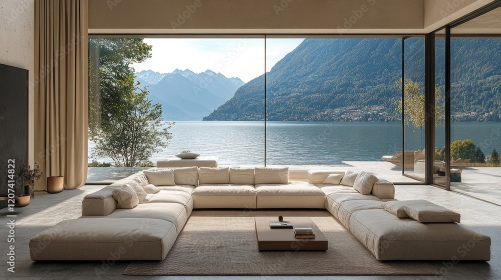 Beige sofa in spacious room with terrace and panoramic windows offering stunning lake or sea view Beige sofa in spacious room with terrace and panoramic windows offering stunning lake or sea view