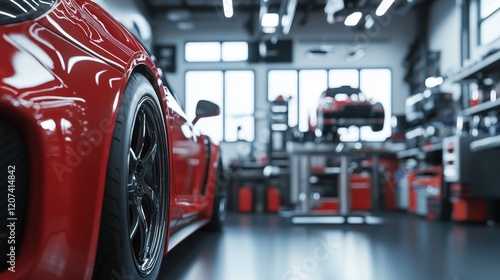 Red sports car in auto repair shop
